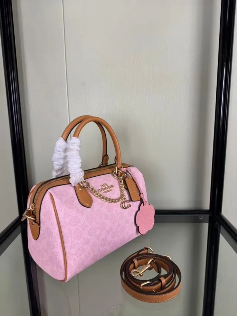 Coach Pink Signature Mini Satchel with Tan Trim and Floral Charm - Picture 2 of 5
